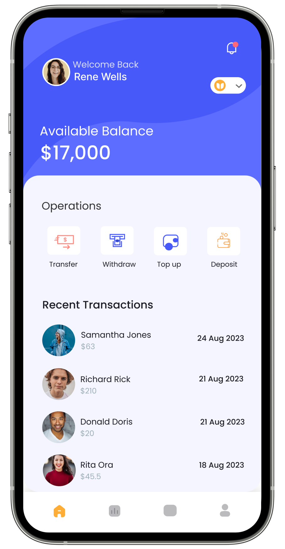 Mobile banking app screen showing user profile with a $17,000 balance. Options for transfer, withdraw, top-up, and deposit are visible. Recent transactions list names, dates, and amounts.